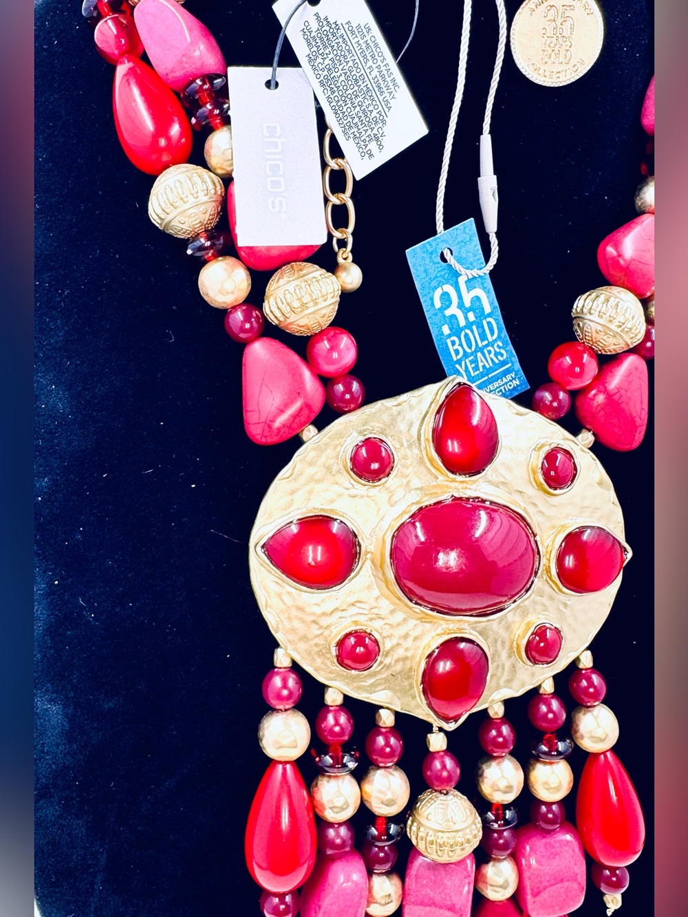 Chico's 35th Anniversary Red Gold Multi-Strand Statement Beaded Necklace NWT - Picture 2 of 3